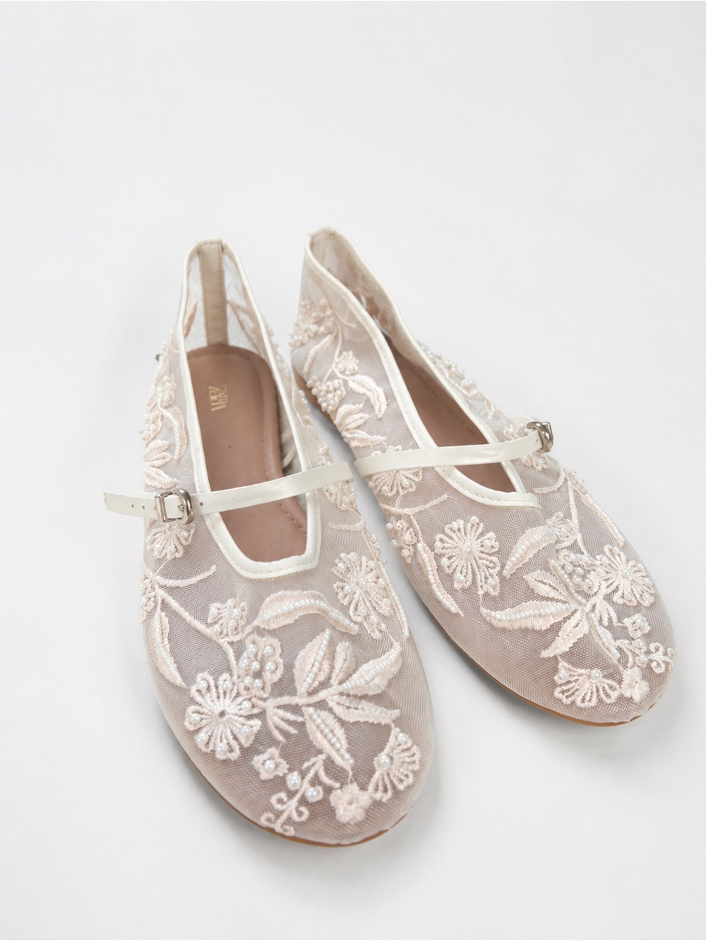 Zara Ivory Embroidered Mesh Mary Jane Flats